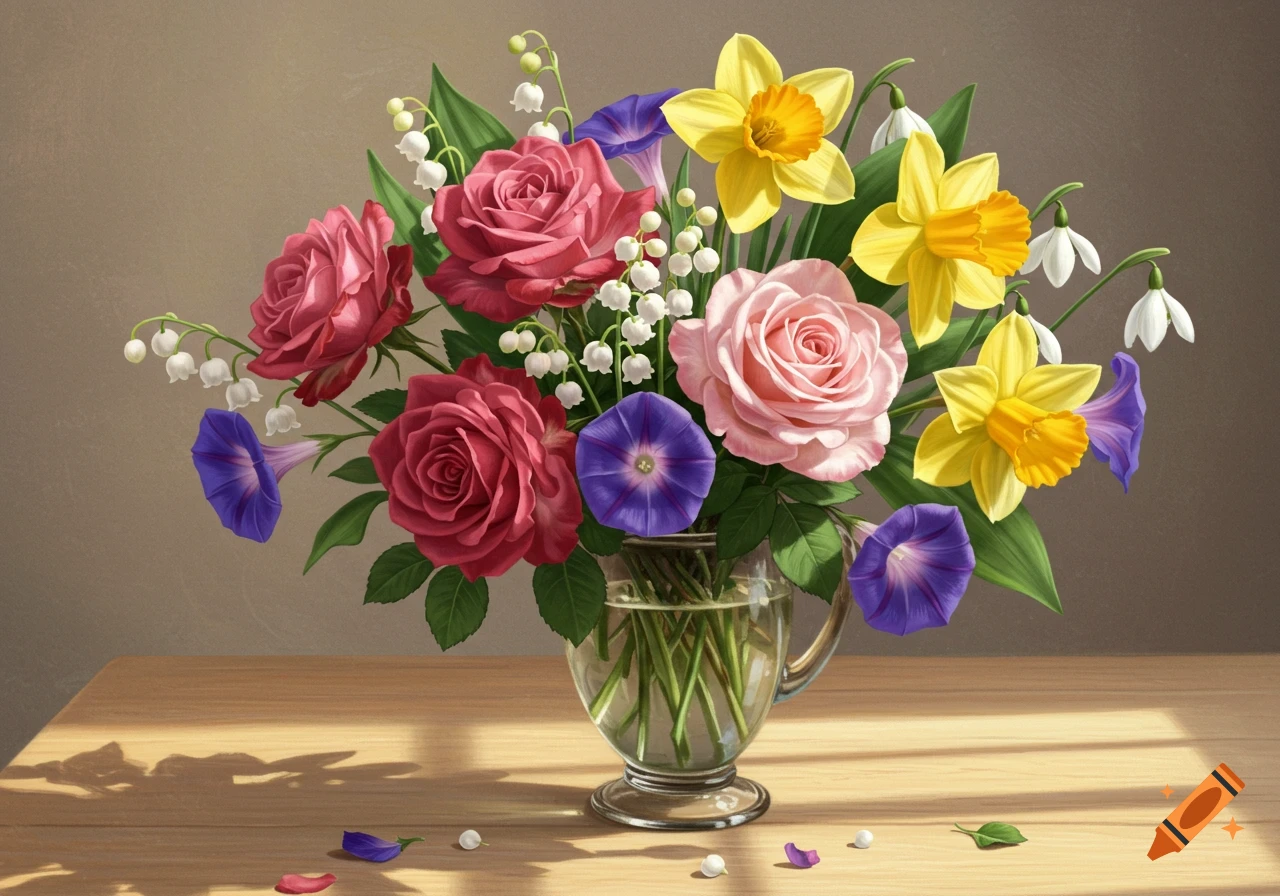 A colorful bouquet of pink and red roses, yellow daffodils, purple morning glories, and white bell flowers in a glass vase on a wooden table.
