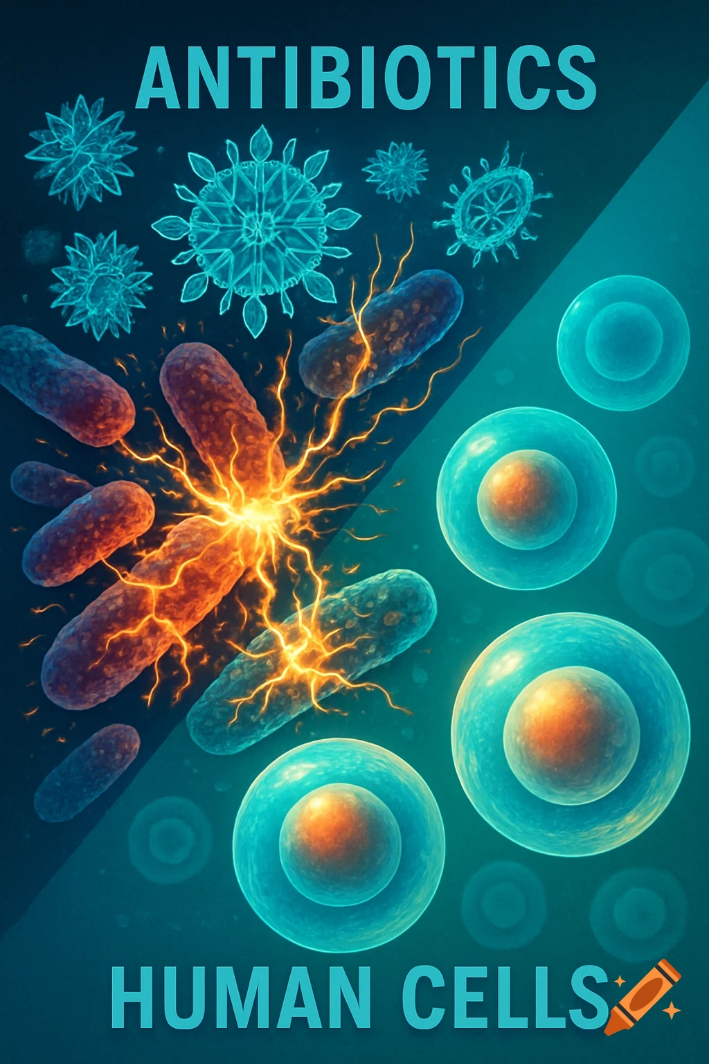 A vibrant illustration shows antibiotics attacking glowing orange bacteria while teal human cells remain untouched, with text 'ANTIBIOTICS' and 'HUMAN CELLS'.
