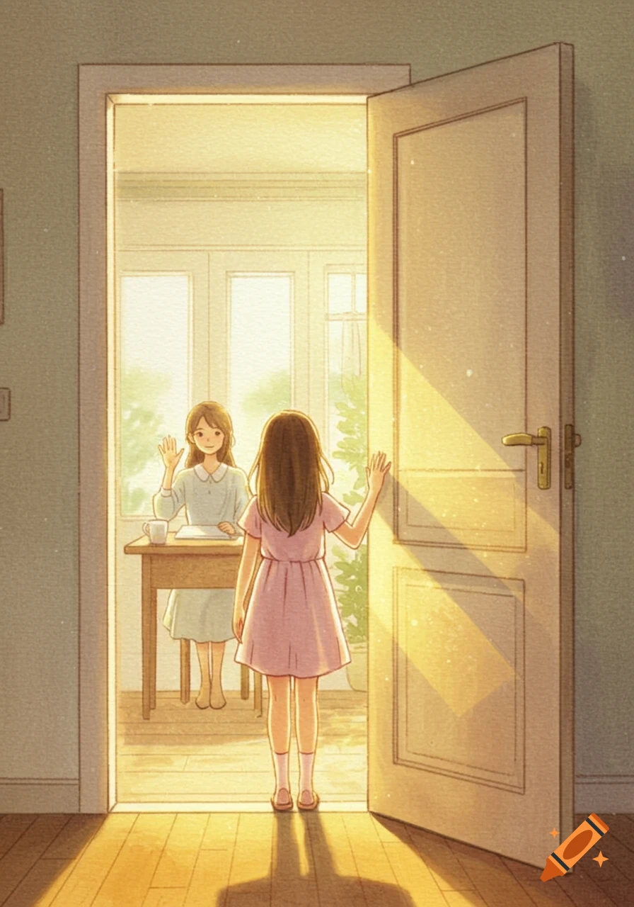 A watercolor illustration of a girl in a pink dress waving goodbye at a sunlit doorway, with another girl sitting at a desk inside waving back.