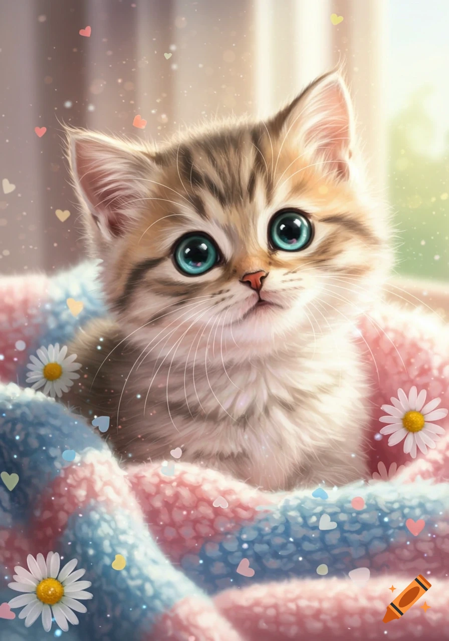 A cute, stylized kitten with big blue eyes is wrapped in a pink and blue striped blanket, surrounded by hearts and daisies.