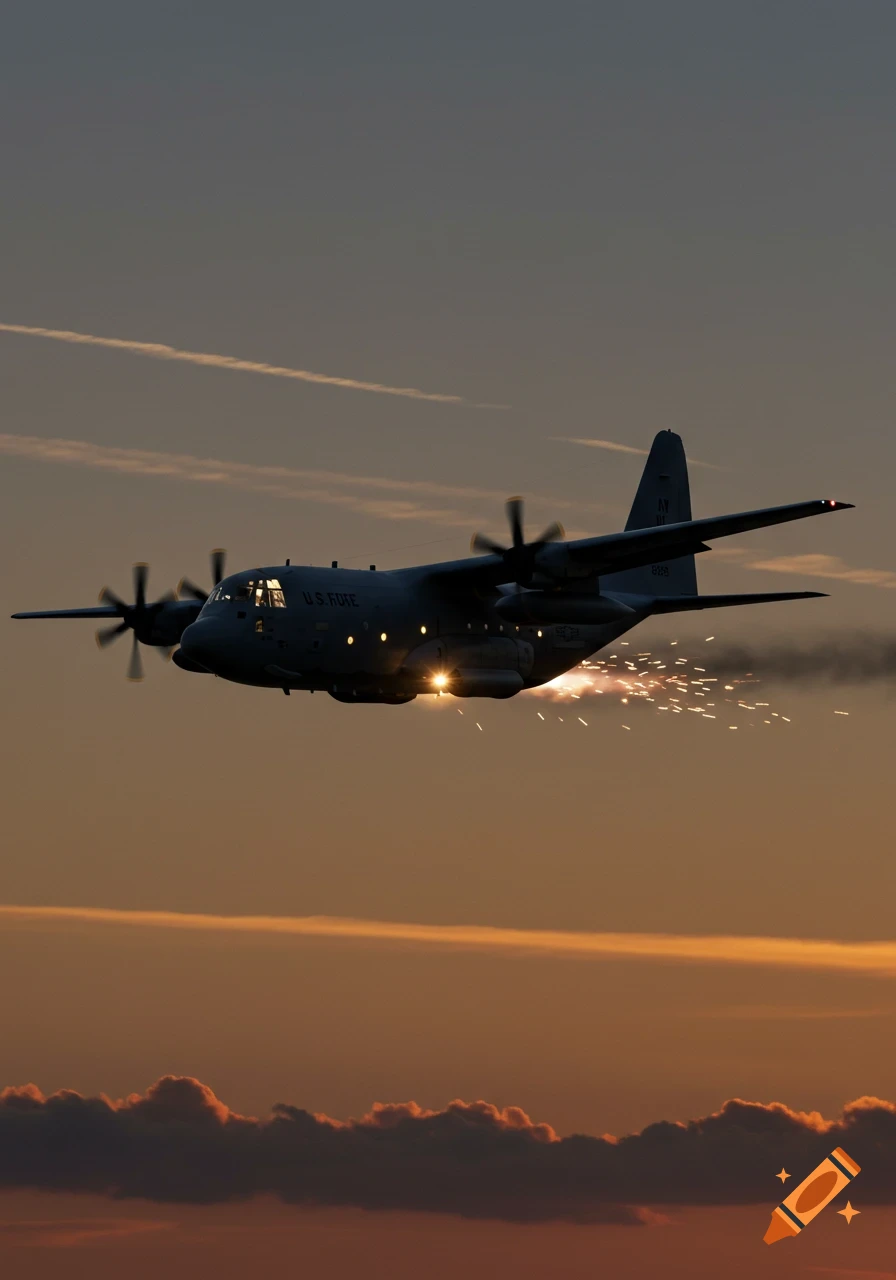 A military transport plane, likely an AC-130, deploys flares while flying against a vibrant sunset sky.