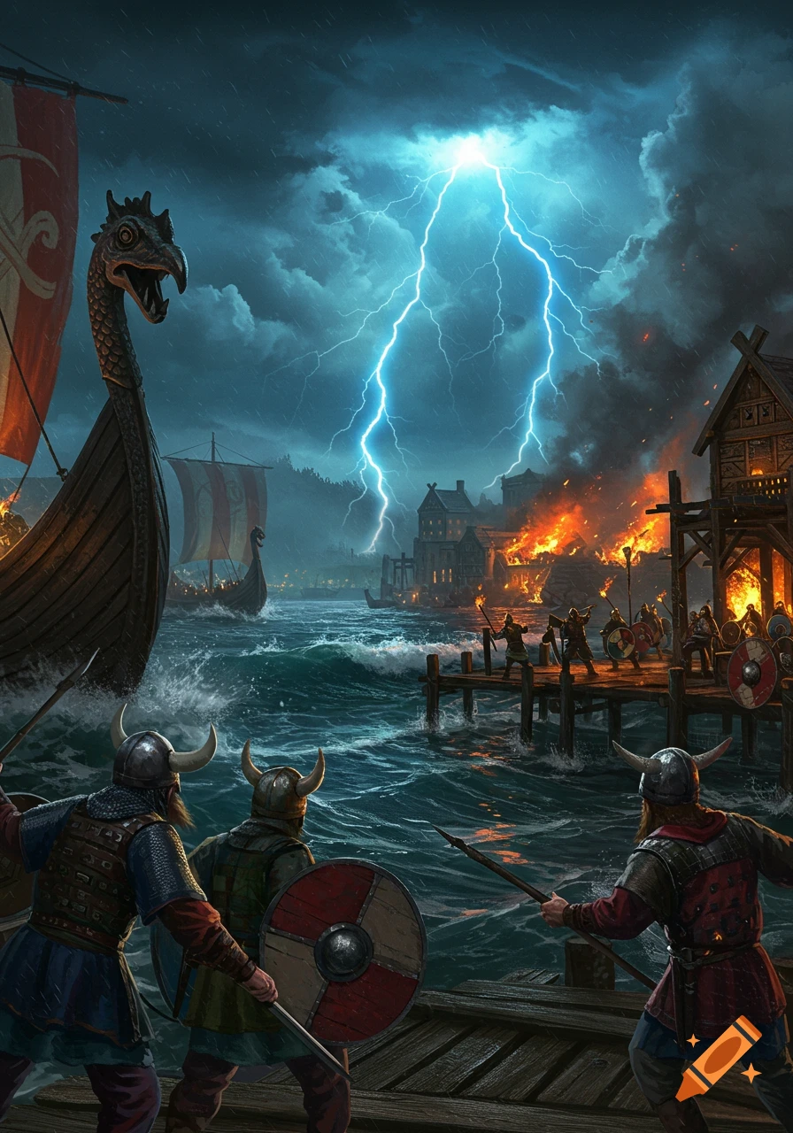 Dramatic fantasy art of Vikings attacking a burning port city under a stormy, lightning-filled sky.
