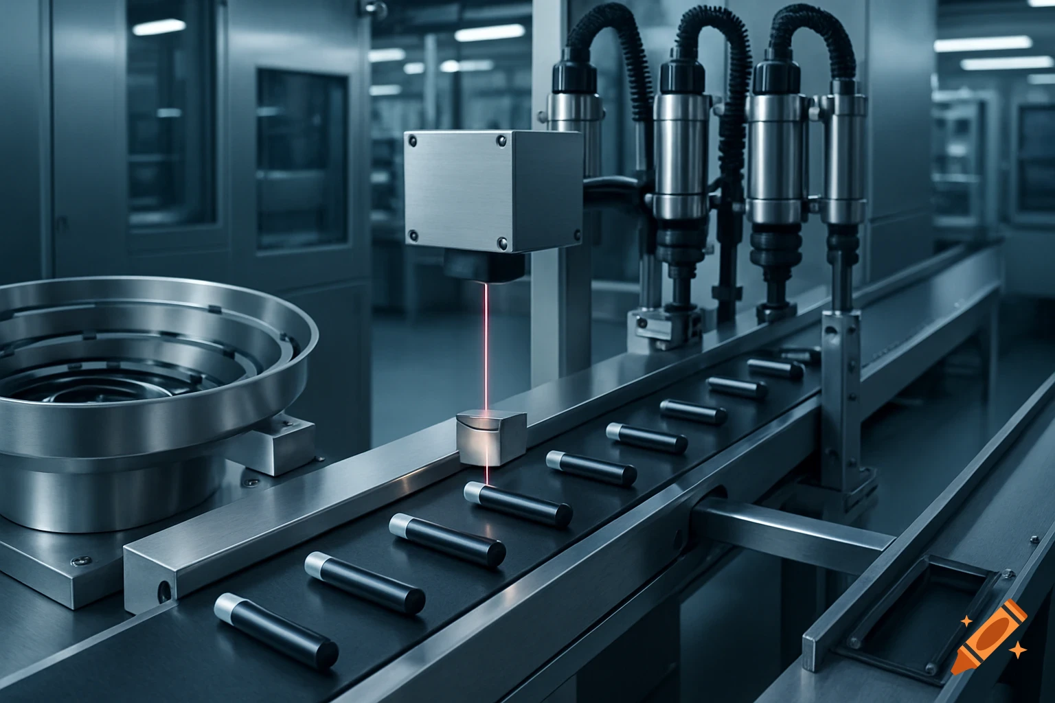 Photorealistic industrial conveyor belt with black cylindrical parts. A red laser scans a part, with a circular feeder visible.