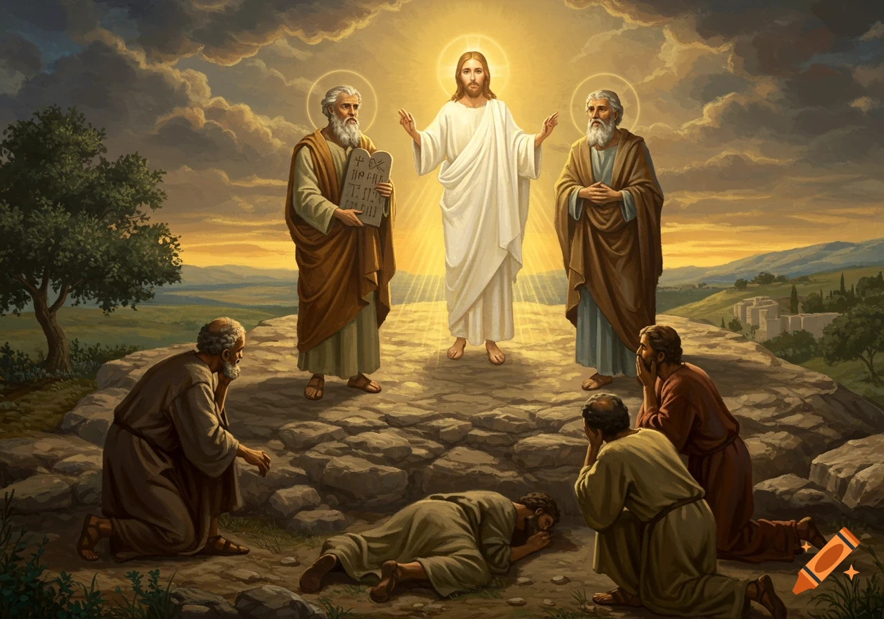 Jesus, Moses, and Elijah stand illuminated on a rocky mountaintop as three apostles kneel and lie prostrate below in a dramatic painting.