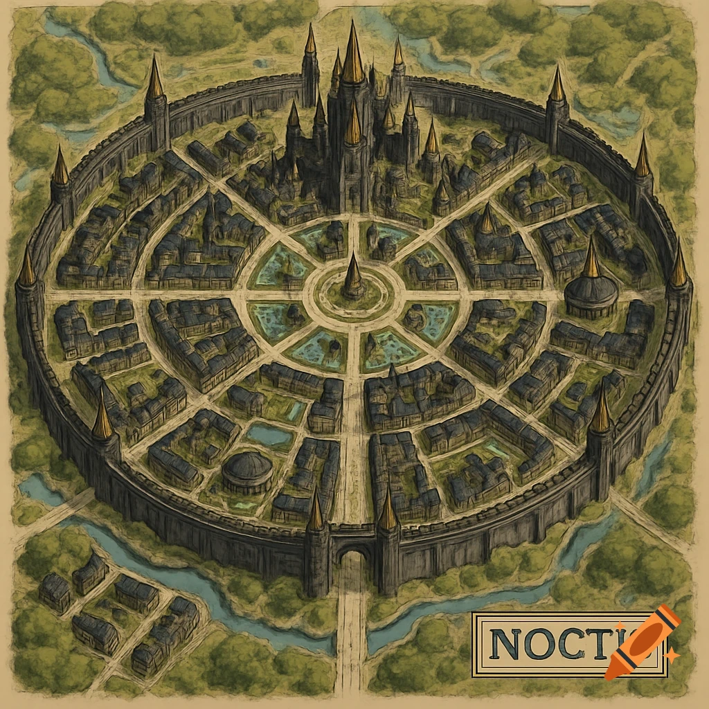 Hand-drawn fantasy map of a circular walled city, Noctis, with gothic buildings, radial streets, rivers, and forests.