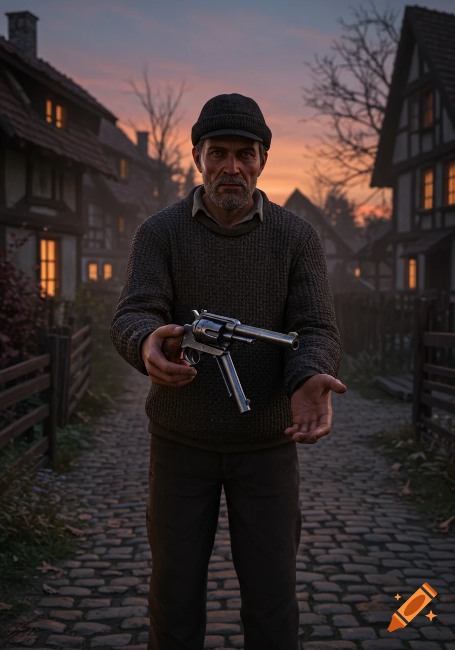 A bearded man in a knit cap and sweater holds out a silver revolver on a cobblestone path in a European village at dusk.
