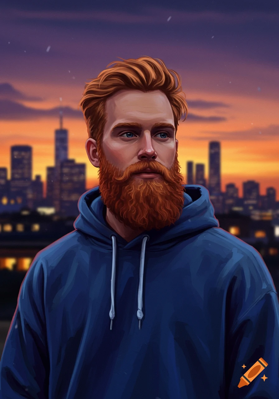 Illustrated portrait of a man with a ginger beard in a blue hoodie against a city skyline at sunset.