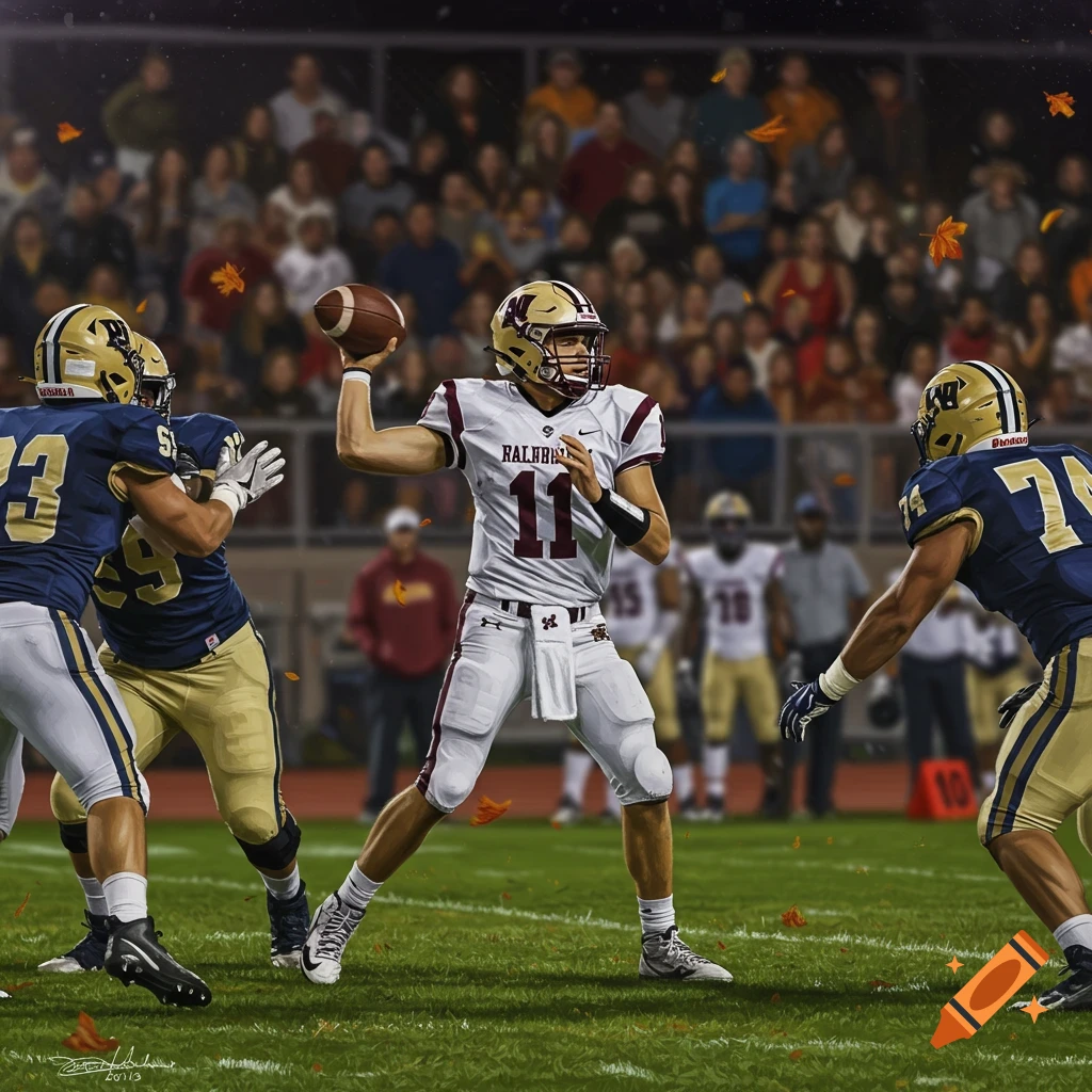 A photorealistic painting of an American football game with a quarterback about to throw a pass, surrounded by opposing players and a blurred crowd in the background.