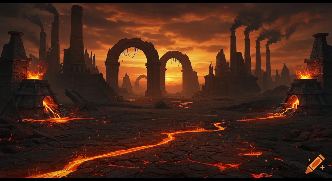 Dark fantasy landscape with glowing lava rivers, smoking industrial chimneys, and decaying stone arches under an orange sunset.