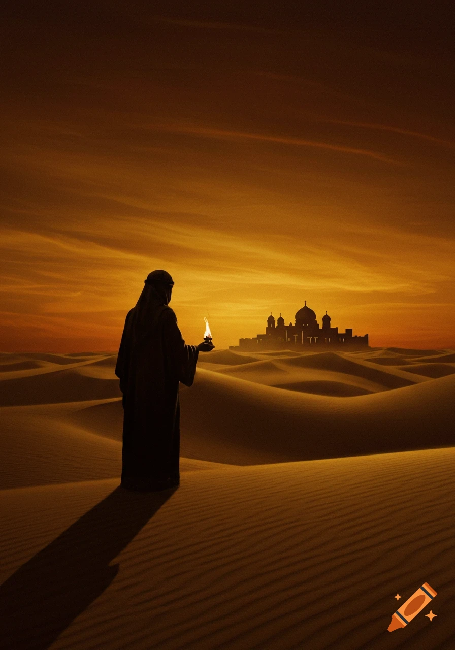 A robed figure stands in a vast desert holding a glowing flame, looking towards a silhouetted city at sunset.
