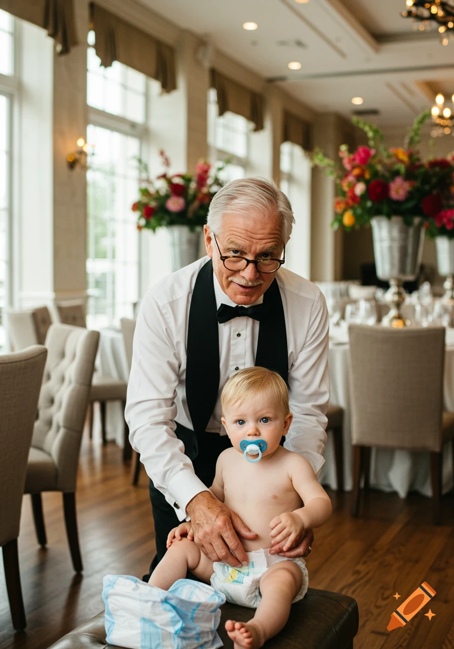 A senior man in a tuxedo shirt changes a diaper on a baby with a pacifier in a well-lit banquet hall.