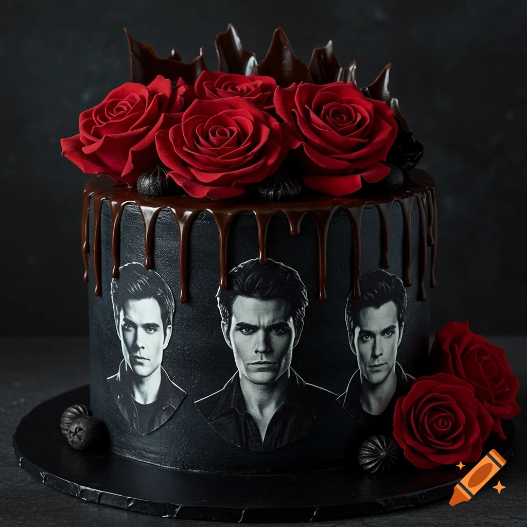 A black multi-tiered cake decorated with red roses, dark chocolate drips, and black and white cutouts of a man's face, on a dark background.