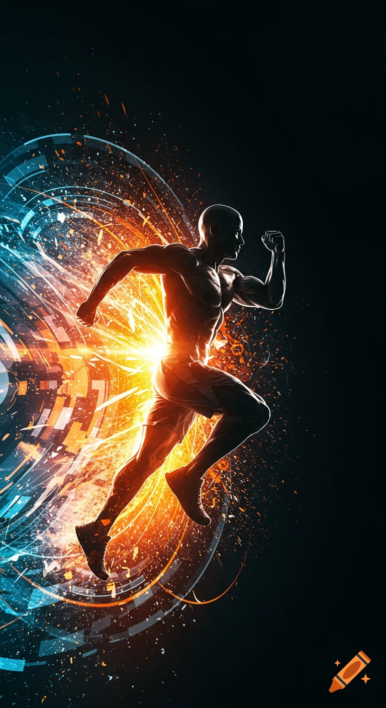 Stylized digital art of a silhouetted runner, illuminated by dynamic orange and blue light trails and particles.