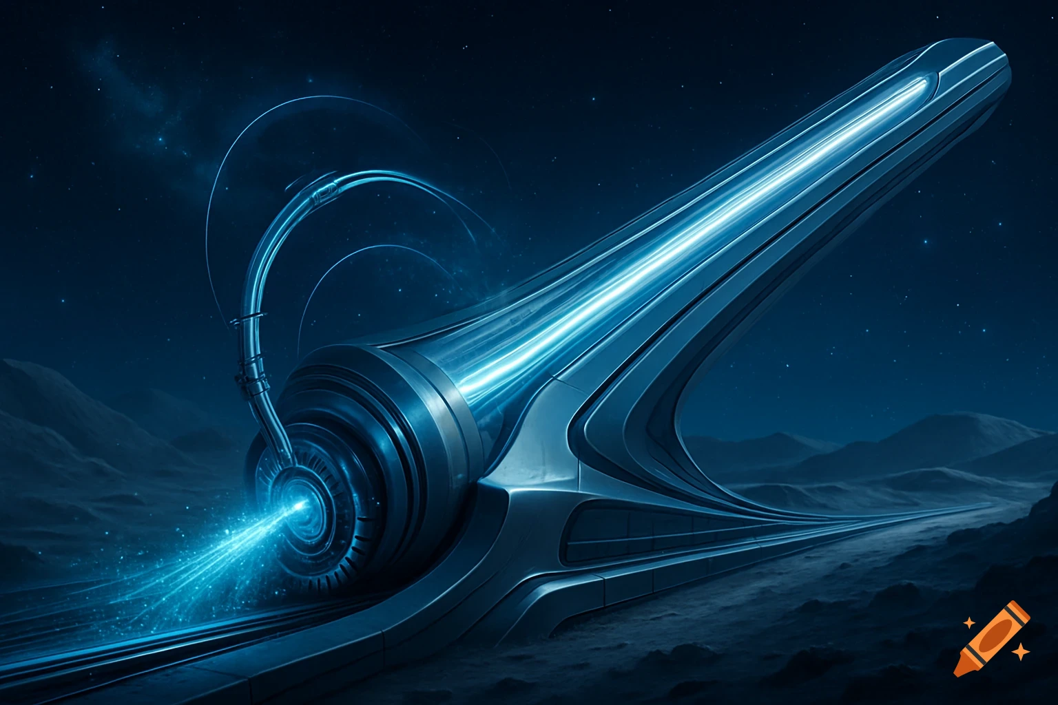 A sleek, futuristic metallic railgun system emits a bright blue energy beam on a desolate, rocky planetary surface under a dark blue starry sky.