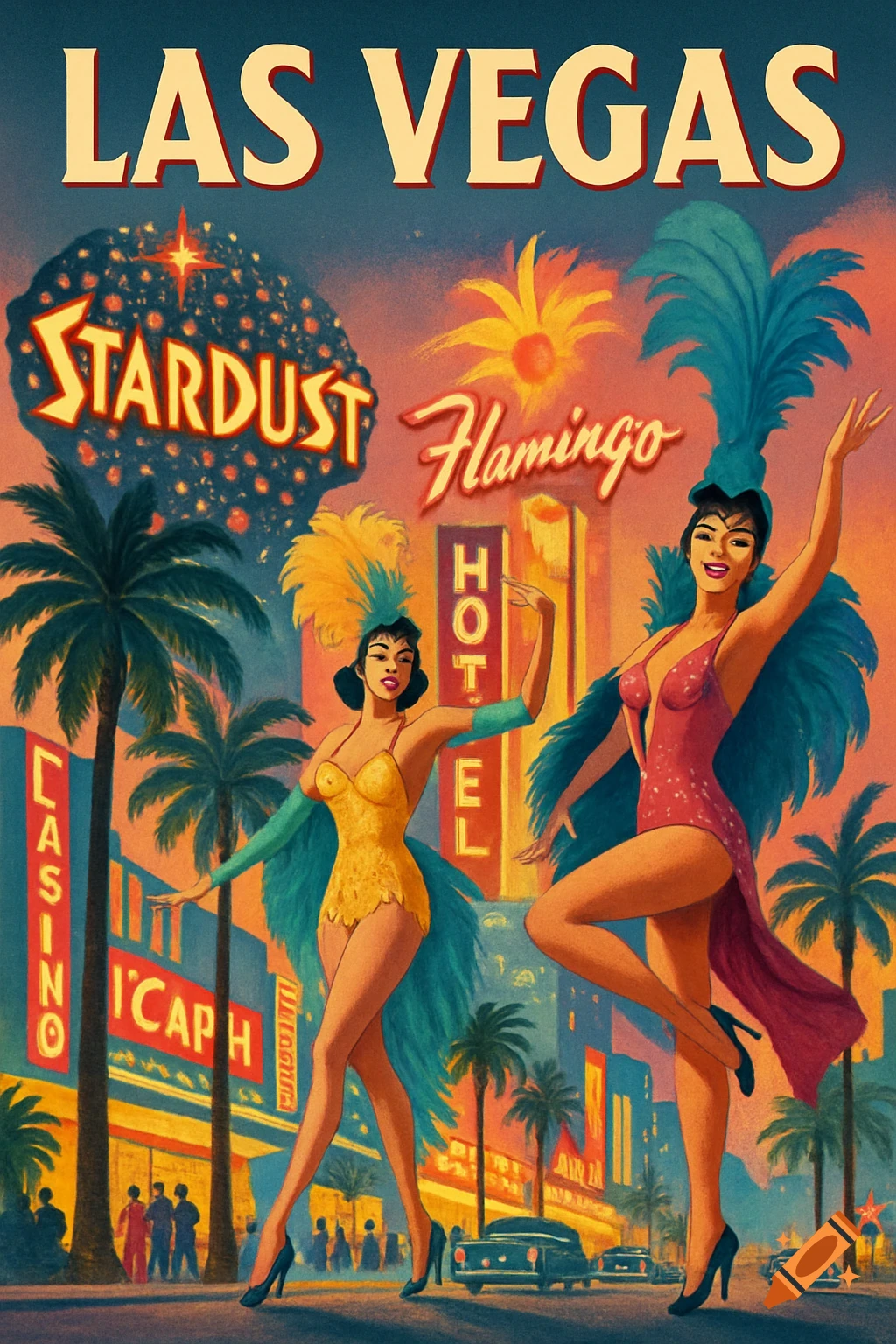 1950s style Las Vegas travel poster with two showgirls, casinos, hotels, and palm trees at dusk.