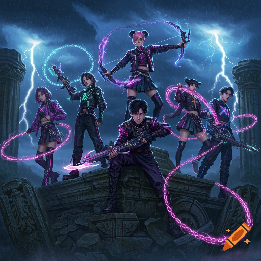 Six K-pop-style demon hunters stand dynamically on ruins during a thunderstorm, wielding futuristic glowing weapons and chains.