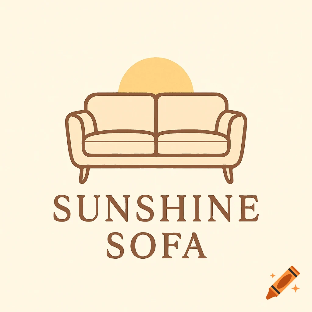 A minimalist logo featuring a beige sofa silhouette with a yellow sun above it, and the text "SUNSHINE SOFA" below, on a light background.