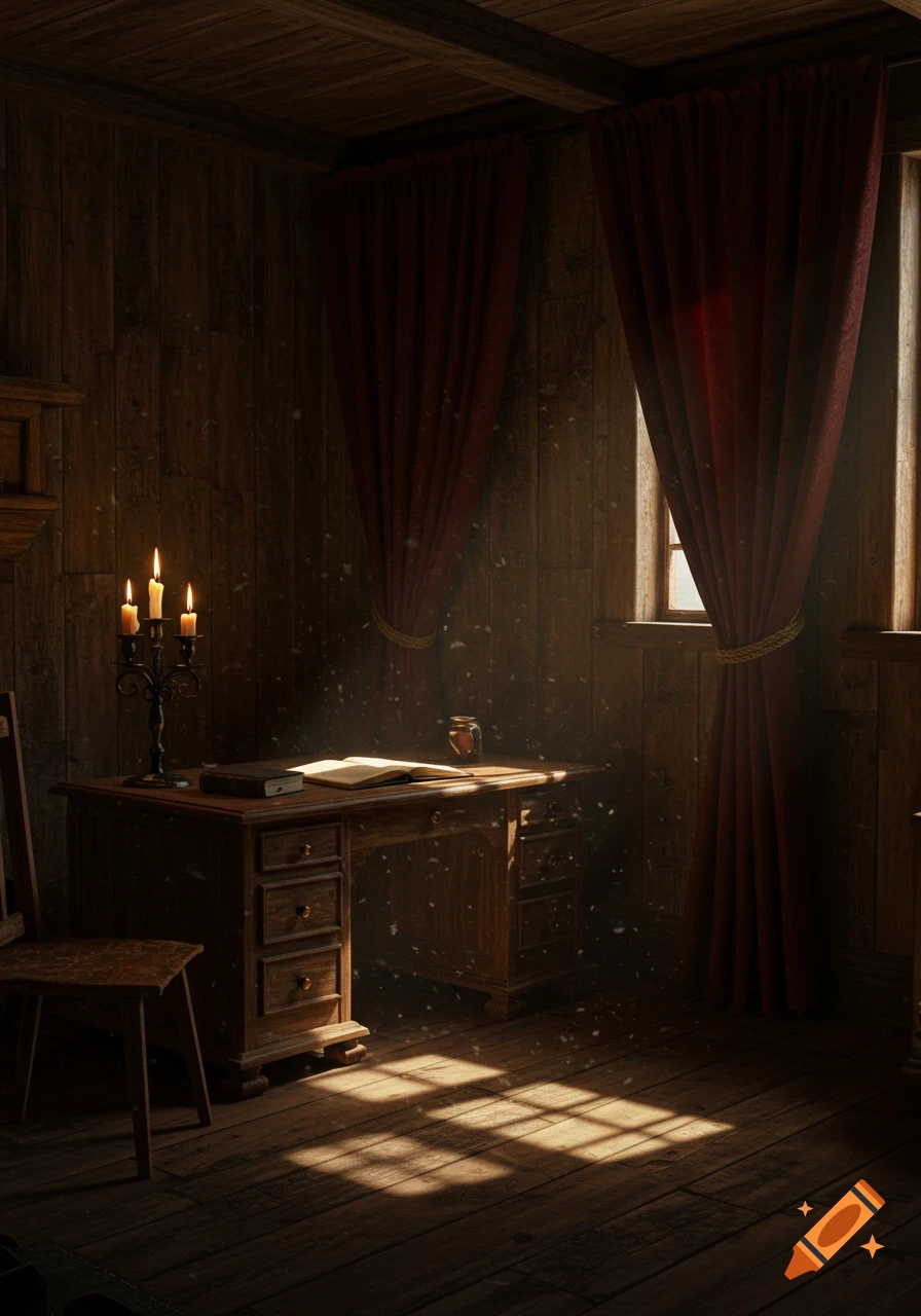 A gloomy, photorealistic old room with a wooden desk, burning candles, and red curtains. Sunbeams and dust motes fill the air.