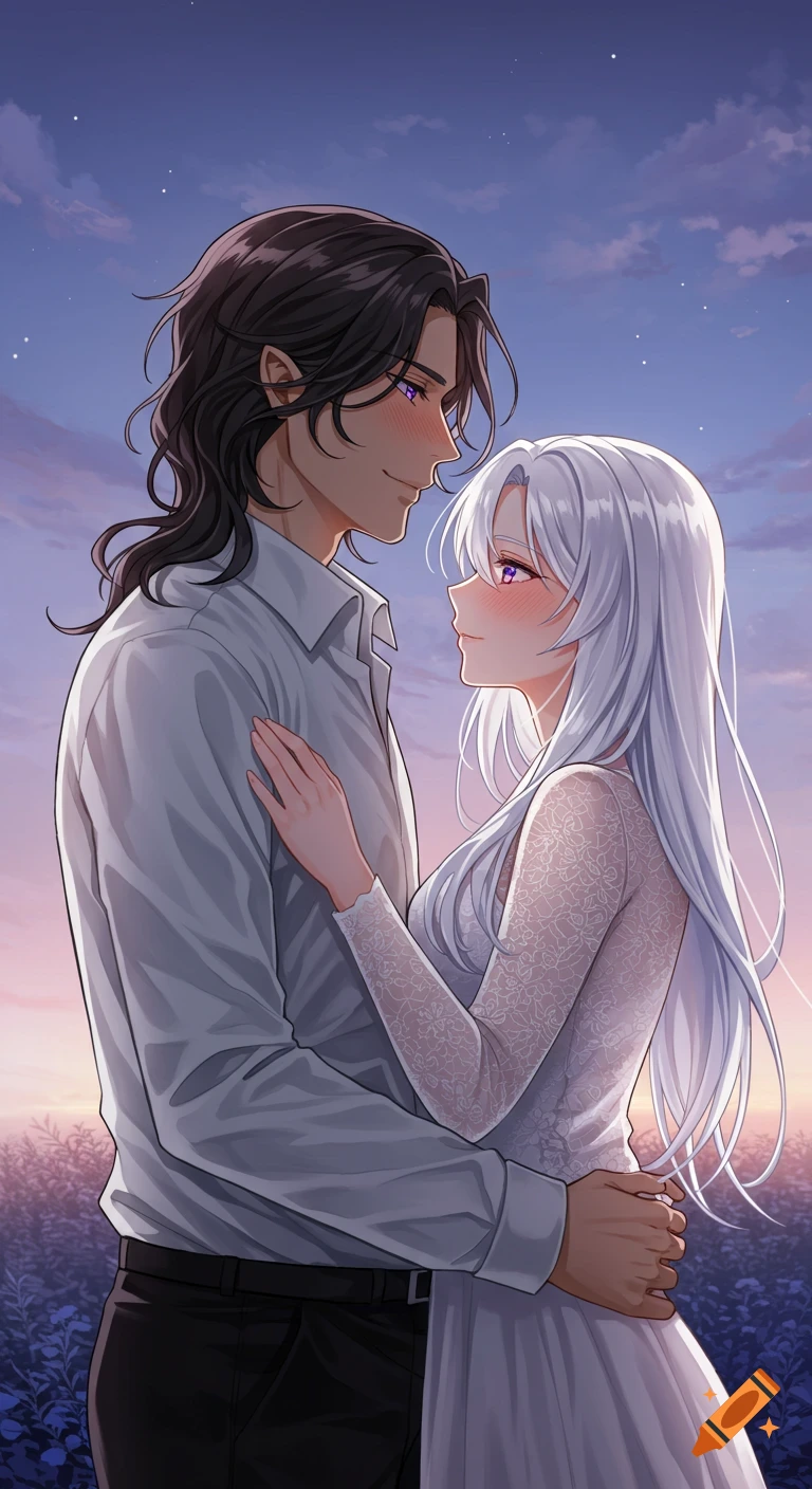 An anime couple embracing, a man with dark hair and a woman with white hair, against a soft evening sky and a field of purple flowers.