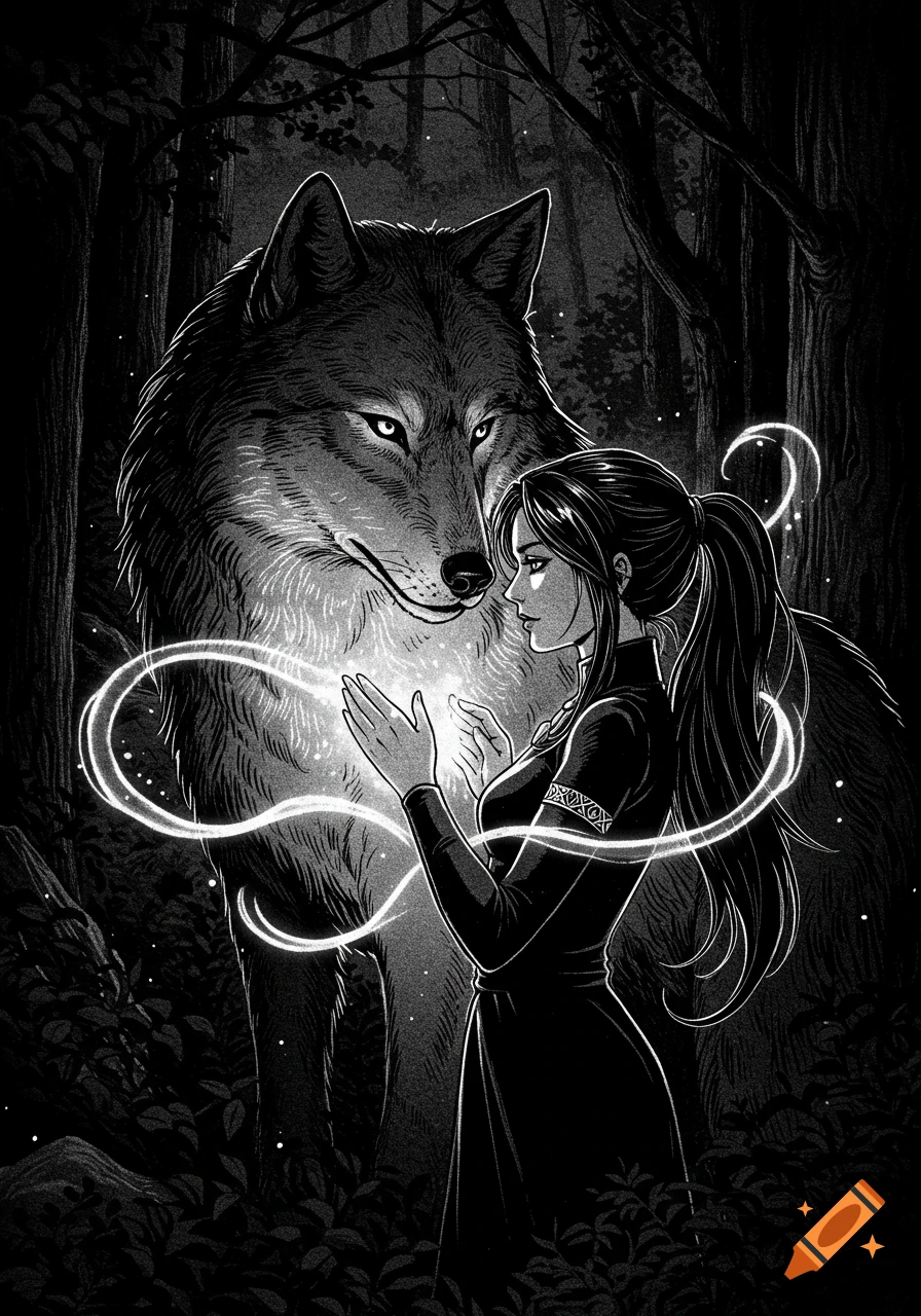 A woman with a ponytail and a large wolf in a dark forest, with magic glowing between her hands, in a black and white manga style.