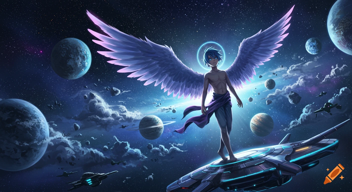 An anime boy with blue hair and large glowing wings stands on a spaceship, flying through a starry outer space filled with planets.