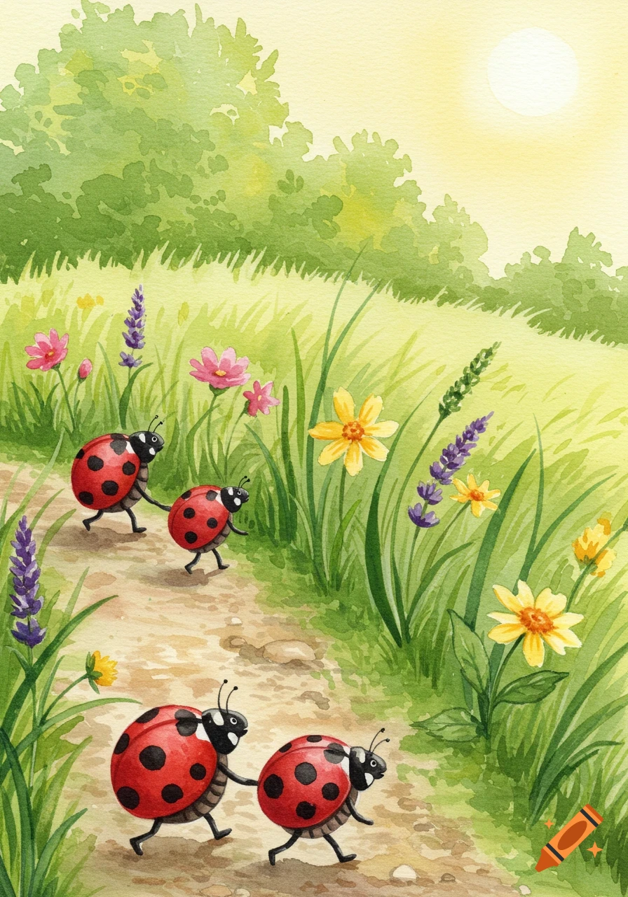 Four red ladybugs with black spots walk in a line along a dirt path through a vibrant green meadow with colorful wildflowers under a sunny sky in a watercolor style.