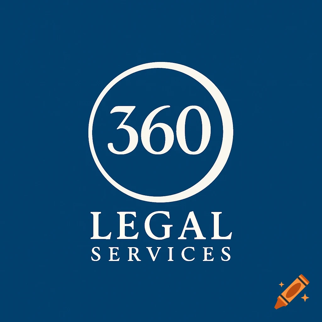 A white circular logo with '360' inside, above the words 'LEGAL SERVICES' in white, all on a blue background.
