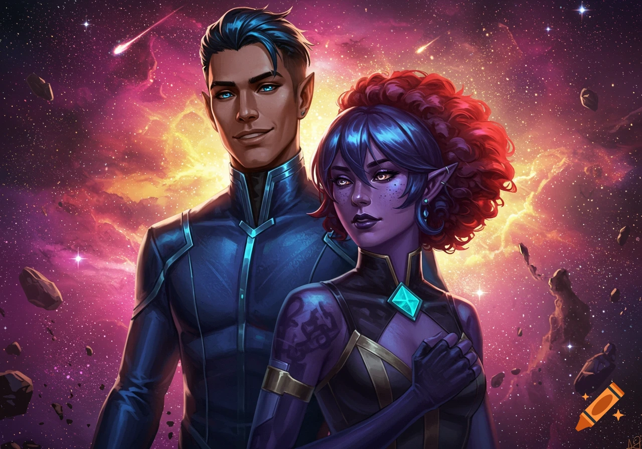 A man and a woman with pointed ears and vibrant attire stand against a colorful cosmic background of stars and nebulae, in a digital art style.