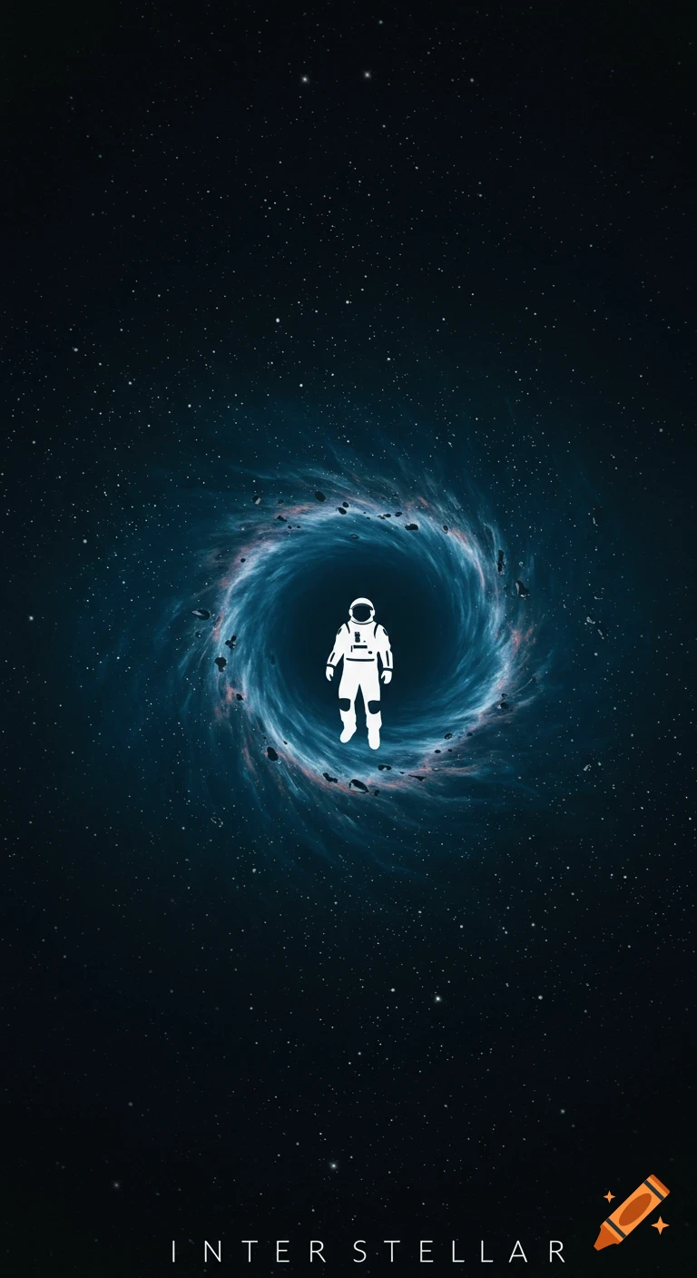 A minimalist, stylized white astronaut floats in dark starry space before a blue swirling vortex, with 'INTERSTELLAR' text below.