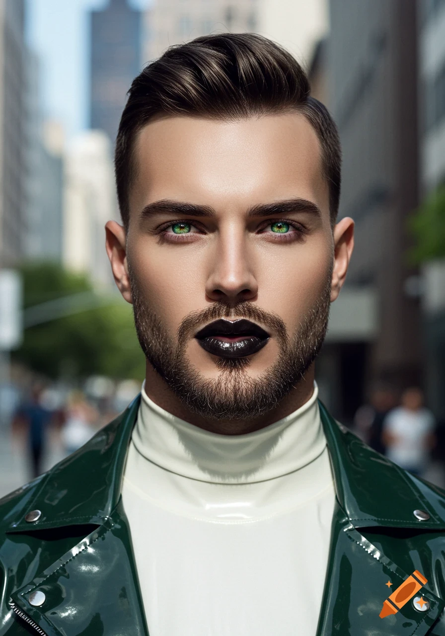 A masculine man with emerald green eyes, beard, and black lipstick wears a shiny green latex jacket and white turtleneck in a city.