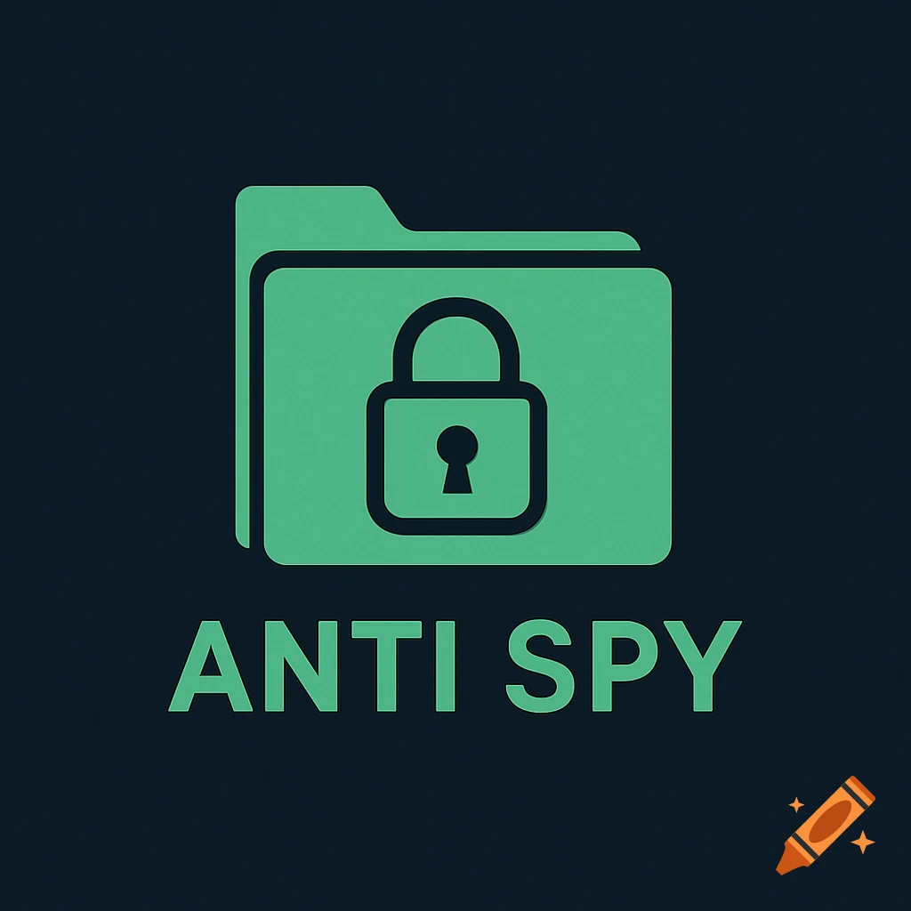 A minimalist green folder icon with a padlock and the text 'ANTI SPY' below, on a dark background.