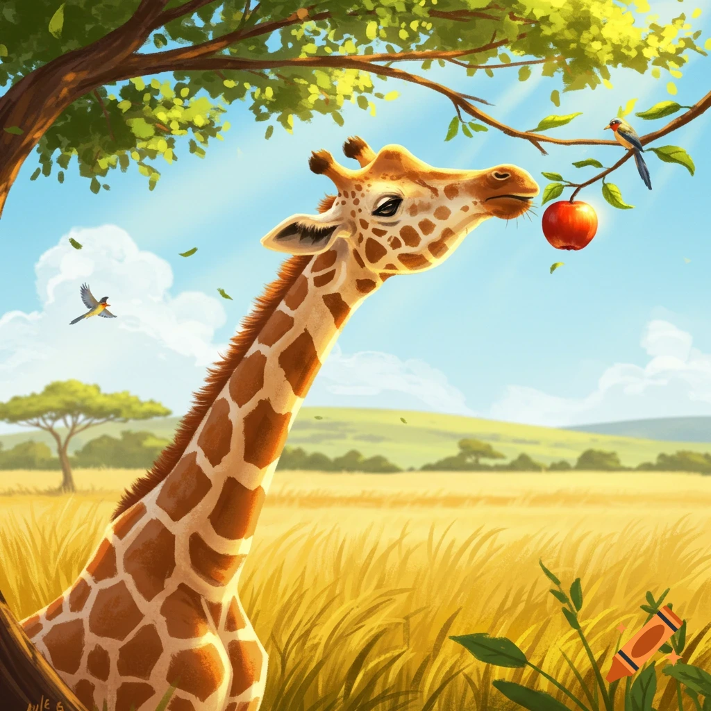 A digital illustration of a giraffe reaching for a red apple on a tree branch in a sunny savanna, with birds flying.