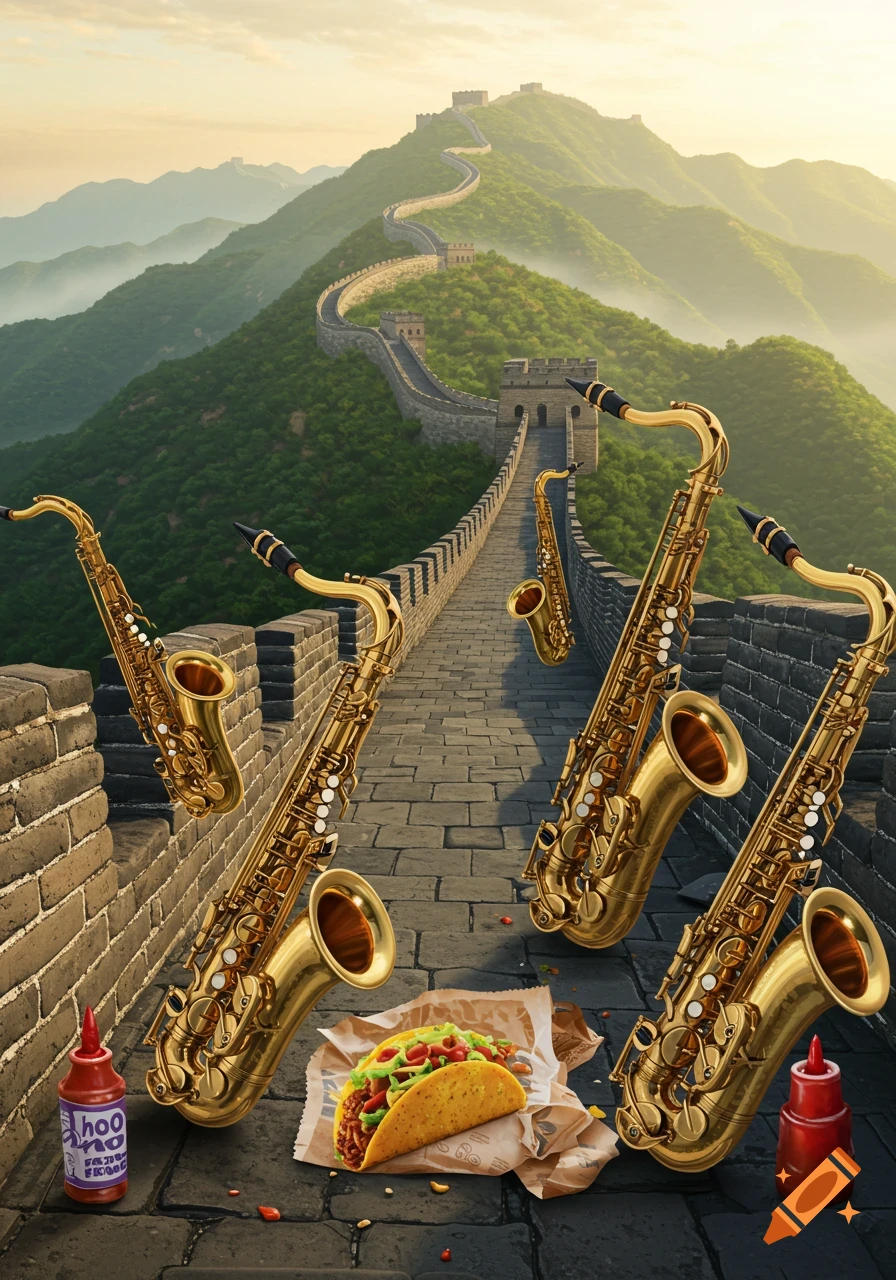 Golden saxophones and a taco with sauce bottles on the Great Wall of China, set against mountain ranges.