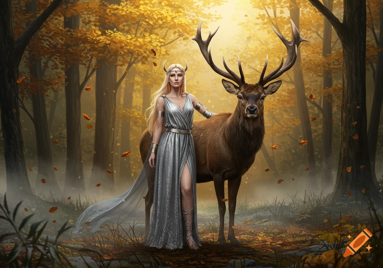 A blonde woman in a silver gown with antlers on her head stands beside a large stag in a radiant autumn forest.