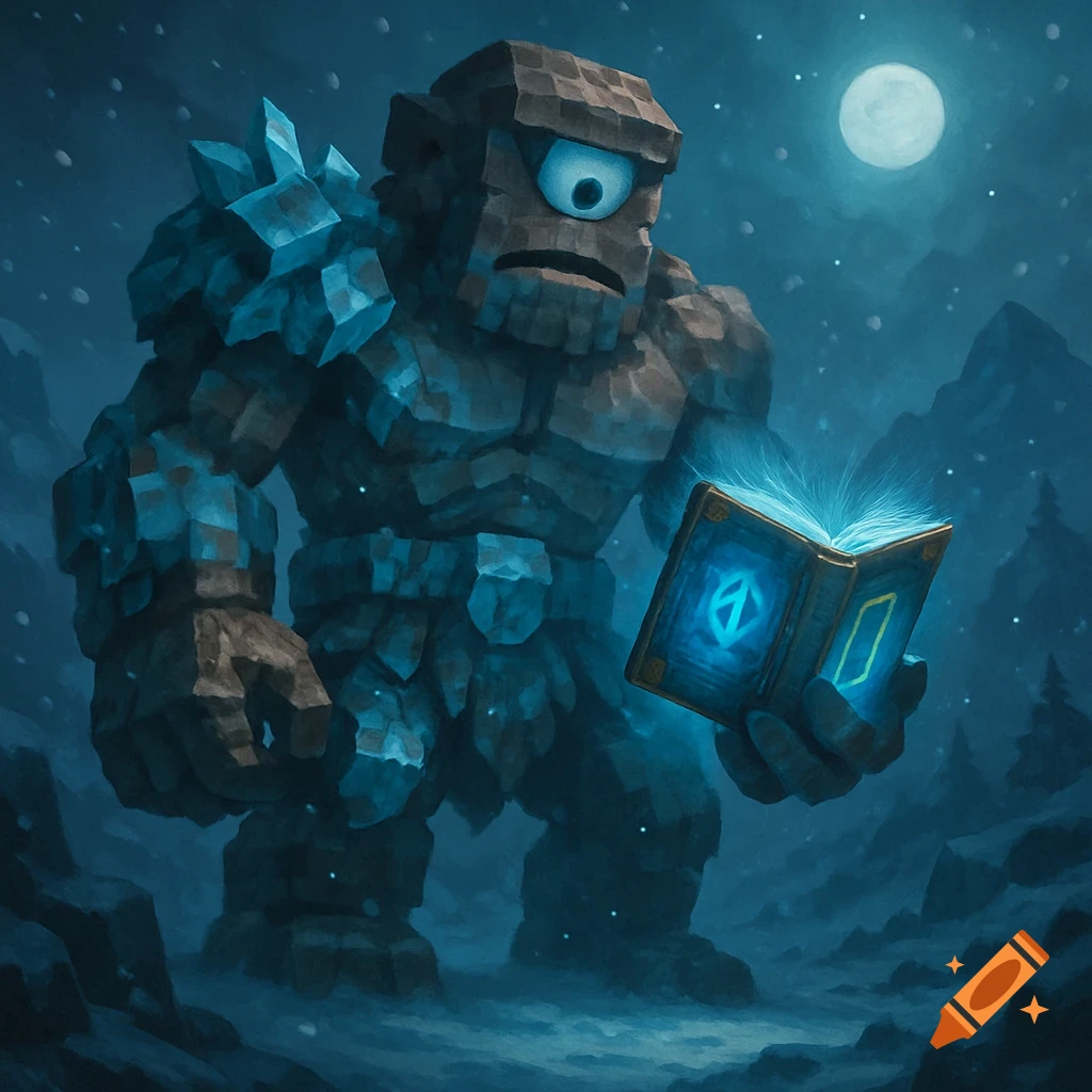 A blocky cyclops golem-like creature stands in a snowy, mountainous landscape under a full moon, holding an open glowing magic book.
