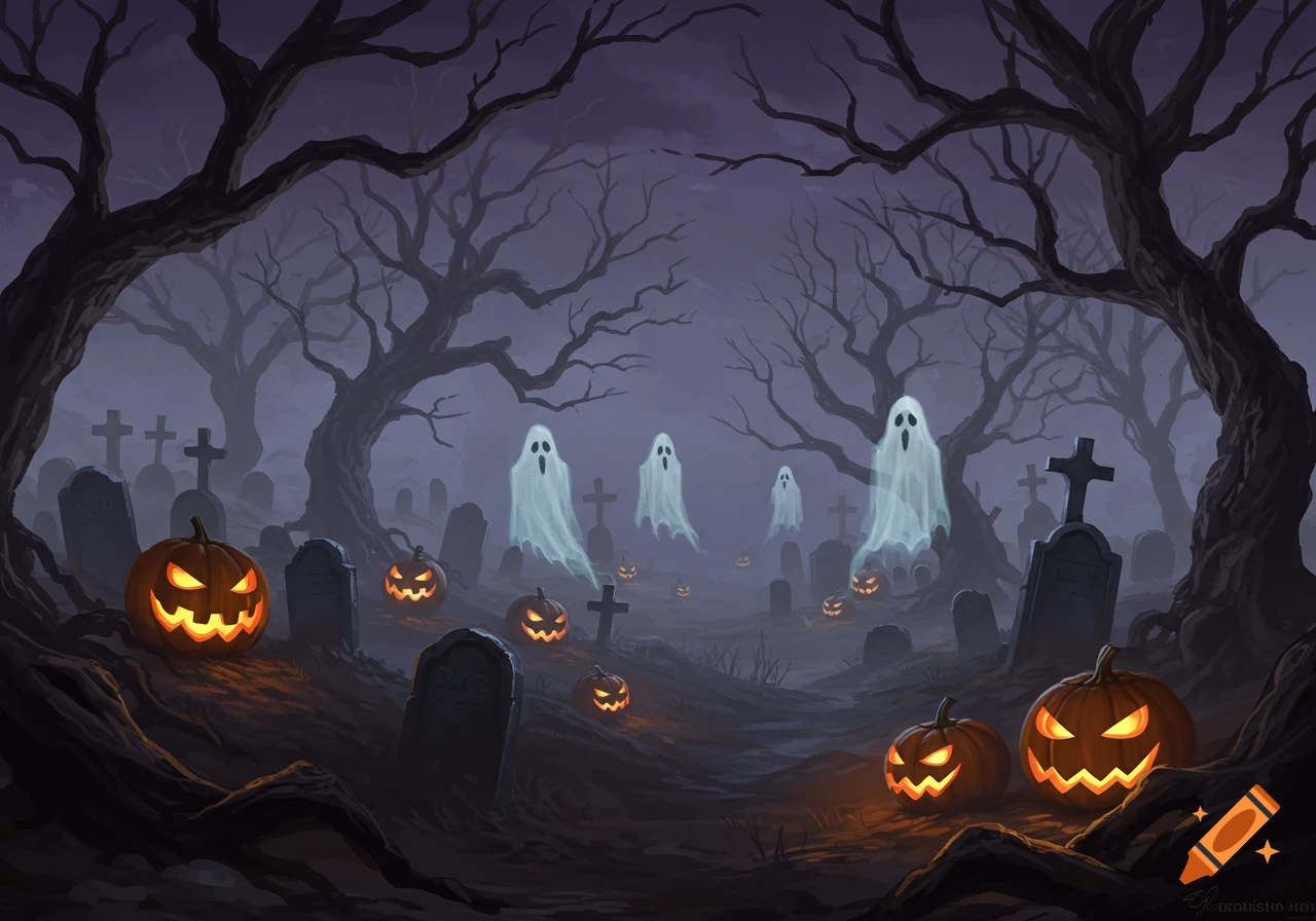 A spooky graveyard scene at night with glowing jack-o'-lanterns, several white, sheet-like ghosts, and twisted bare trees.