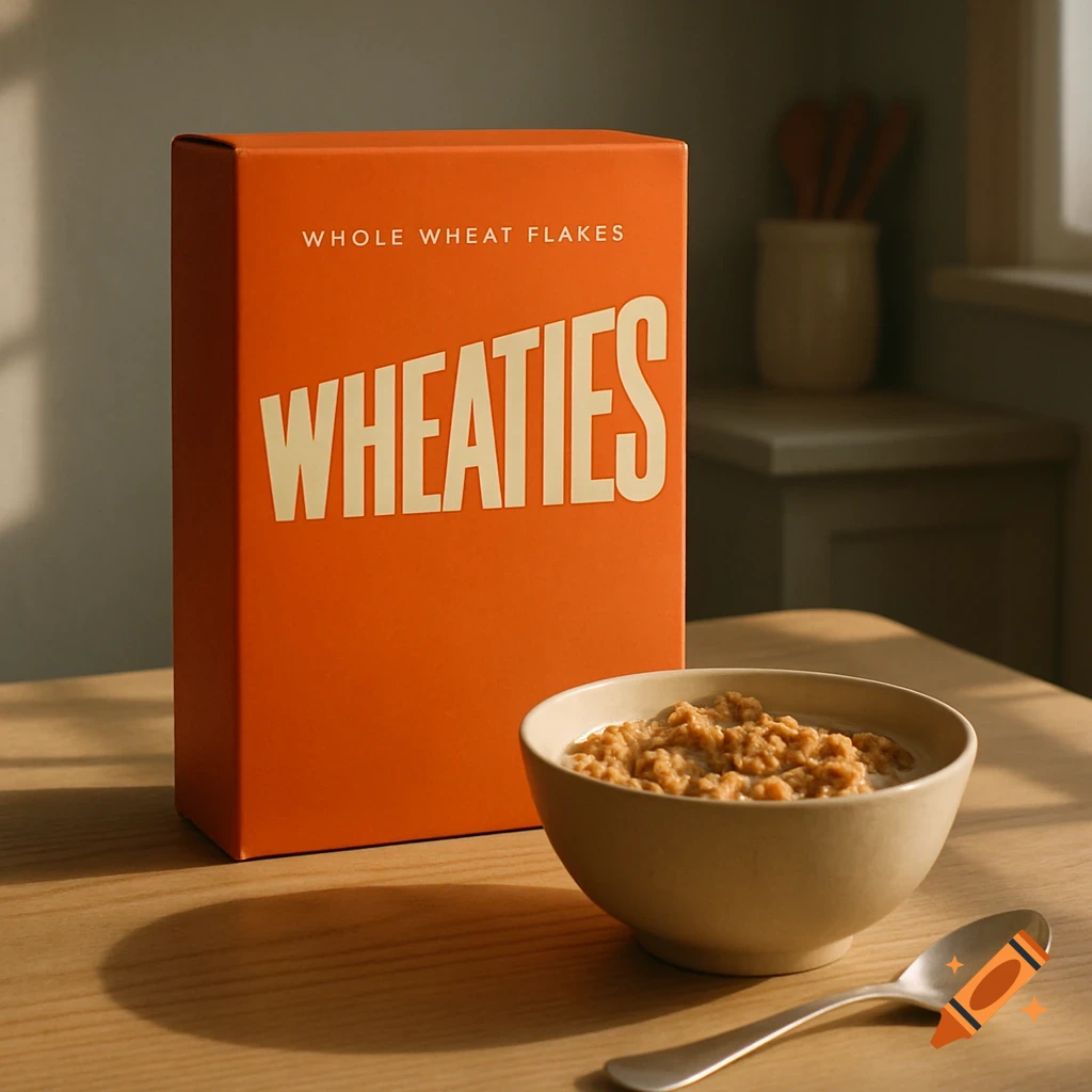 A photorealistic image of a Wheaties cereal box next to a bowl of cereal and a spoon on a wooden table.