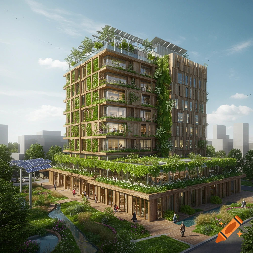 A photorealistic rendering of a modern, multi-story wooden building with extensive vertical gardens, rooftop solar panels, and a green plaza.