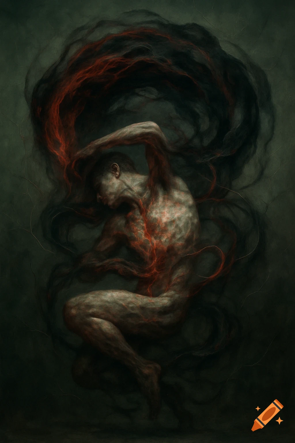 A crouched, distressed human figure with glowing red lines across its body, engulfed in swirling dark smoke on a dark background, in a dark art style.