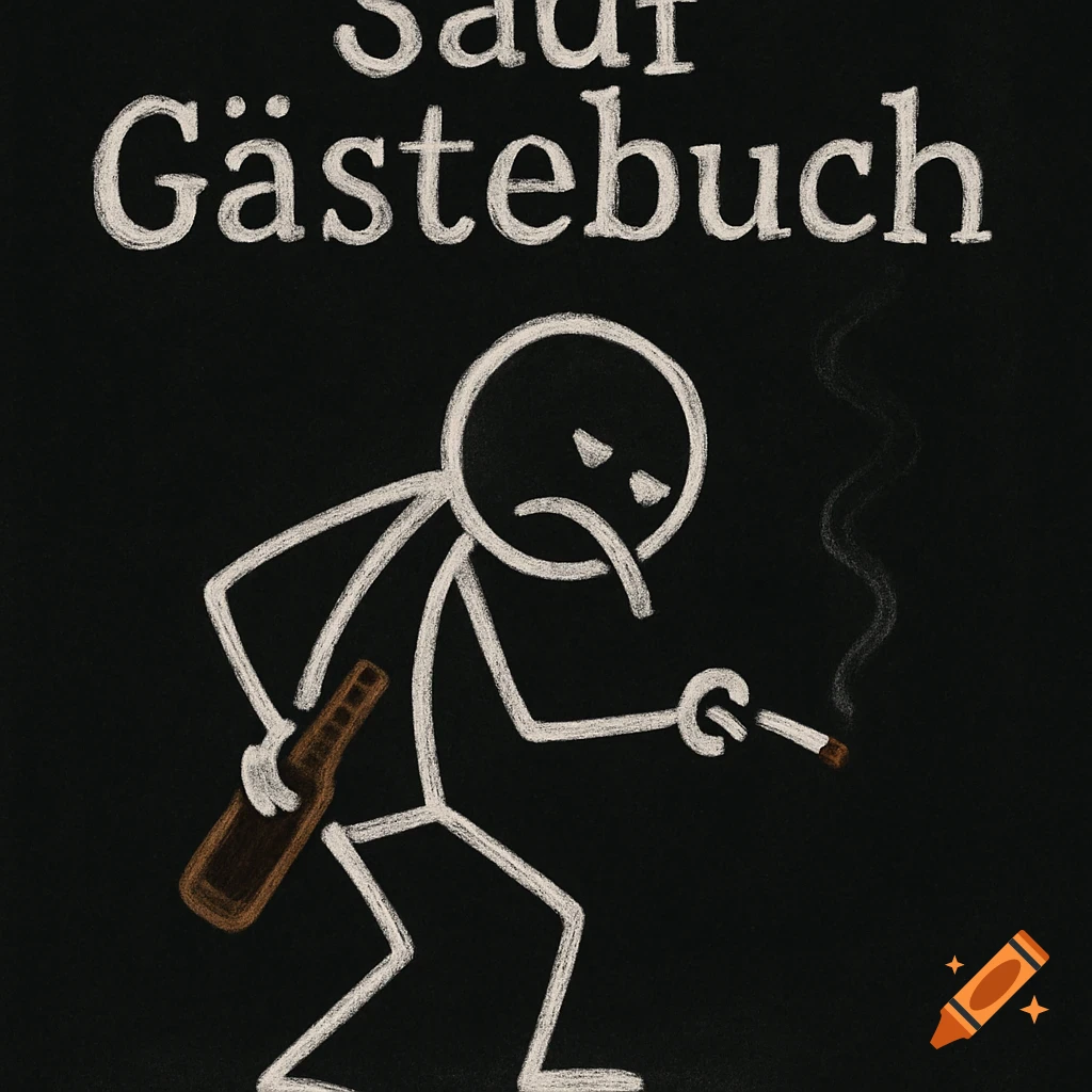 Chalk drawing of a sad stick figure holding a beer bottle and a lit cigarette, with 'Sauf Gästebuch' text.