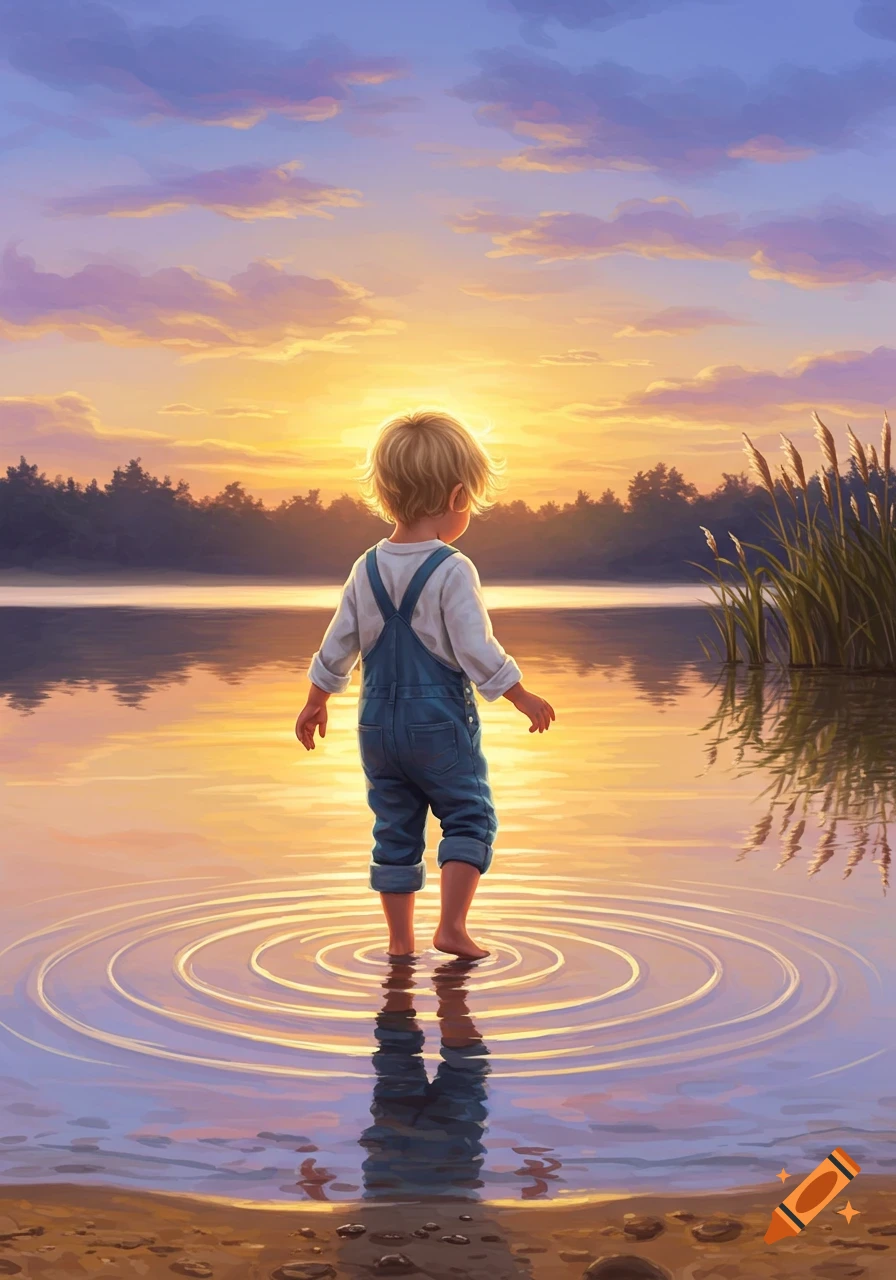 A young boy stands in shallow water, facing a golden sunset over a lake, with reflections and ripples on the water.