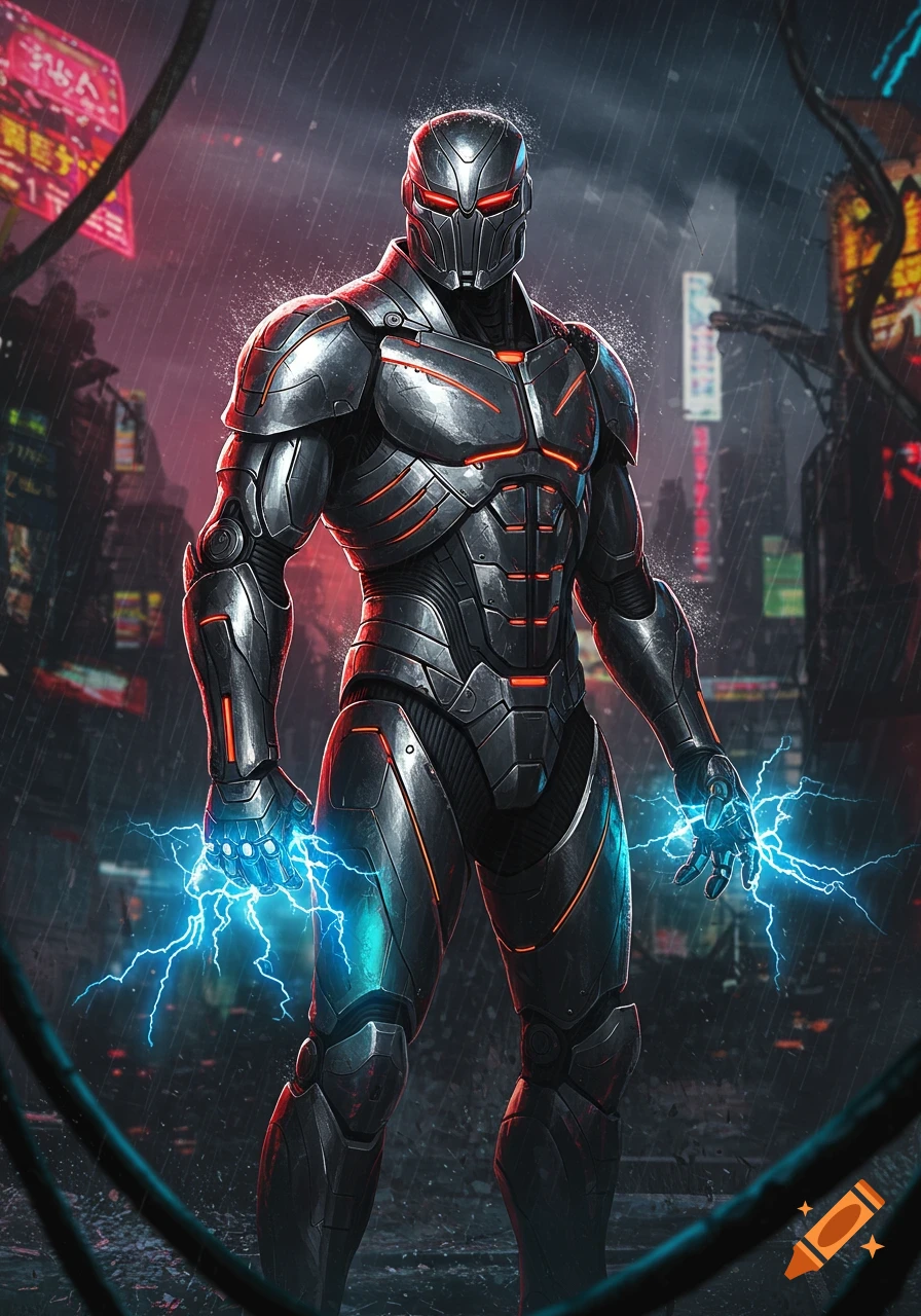 A futuristic armored character with glowing red eyes and blue lightning around their hands stands in a rainy, neon-lit cyberpunk city.