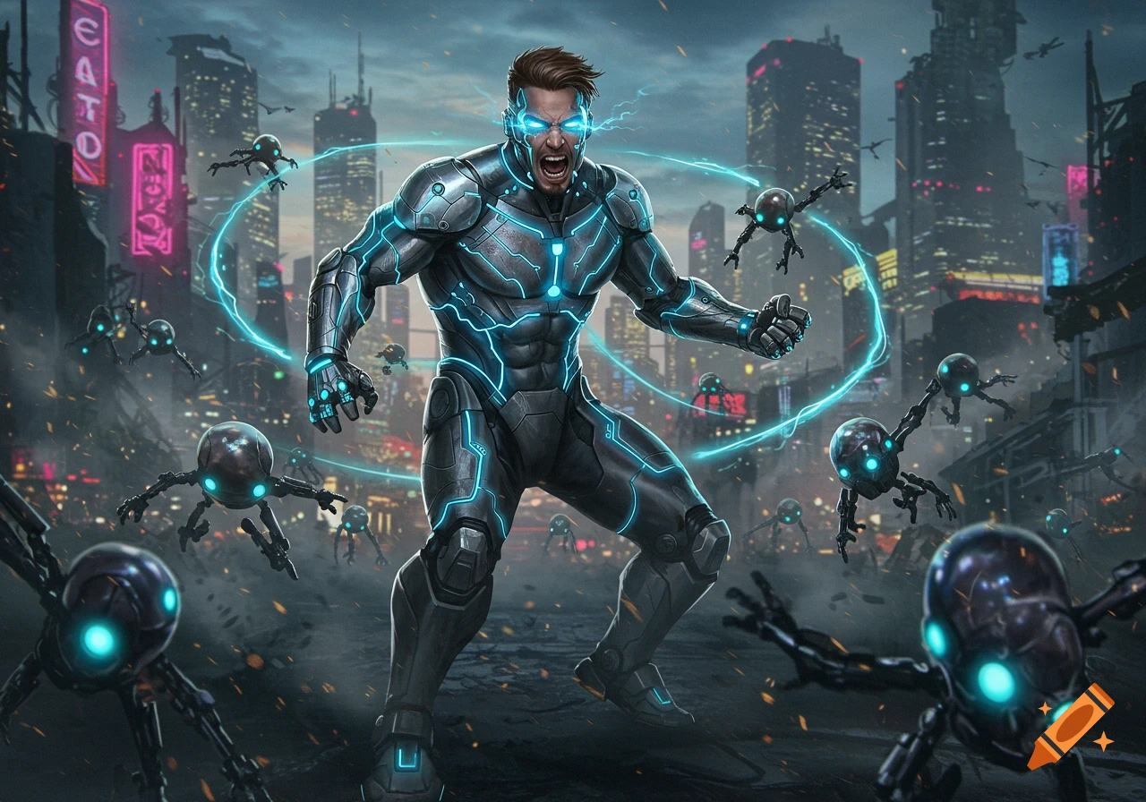 A powerful man in a futuristic armored suit with glowing blue energy fighting small spider-like robots in a neon-lit cyberpunk city.