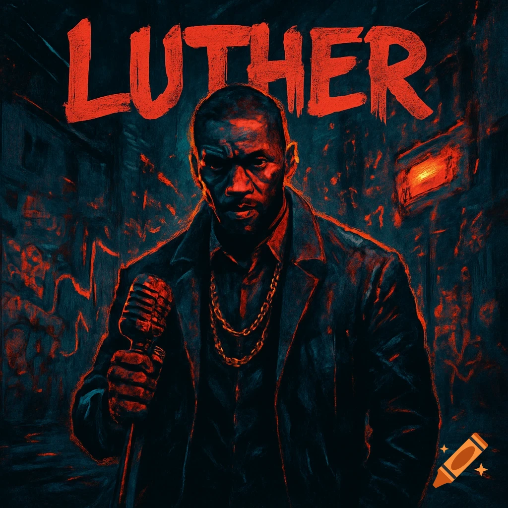 Stylized illustration of a man with a gold chain holding a microphone, under red text 'LUTHER', in a dark, moody setting.