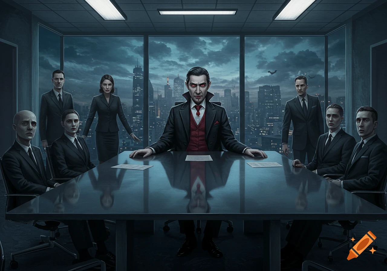Dracula sits at the head of a dark corporate conference table, surrounded by stern-faced employees, overlooking a city at dusk.