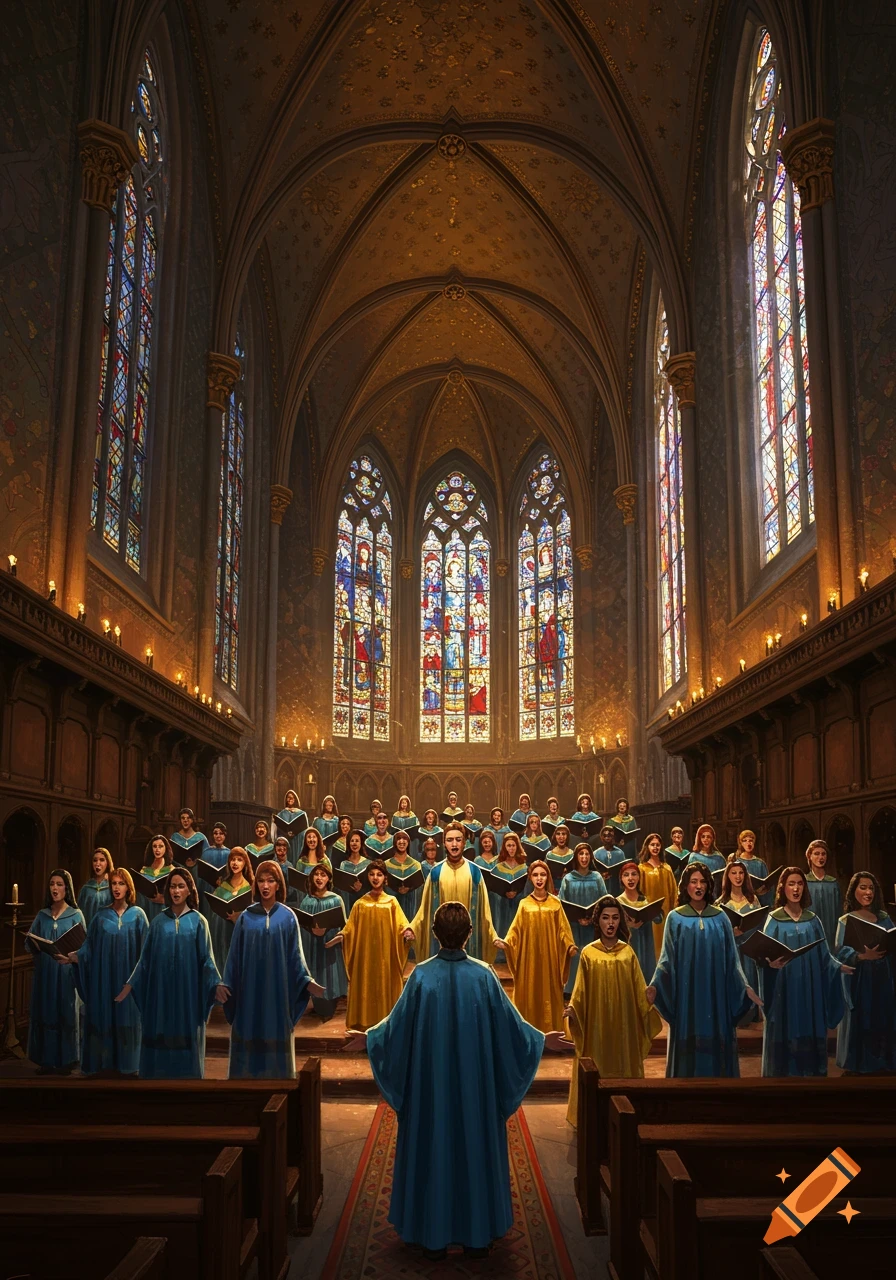 A large choir in blue and gold robes sings in a grand church with towering stained glass windows and ornate architecture.