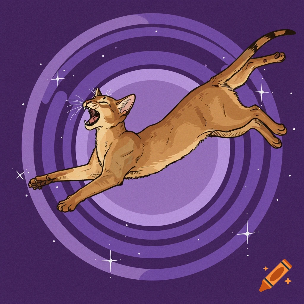 An illustrated Abyssinian cat with its mouth open jumps across a purple, space-like background with concentric circles and stars.