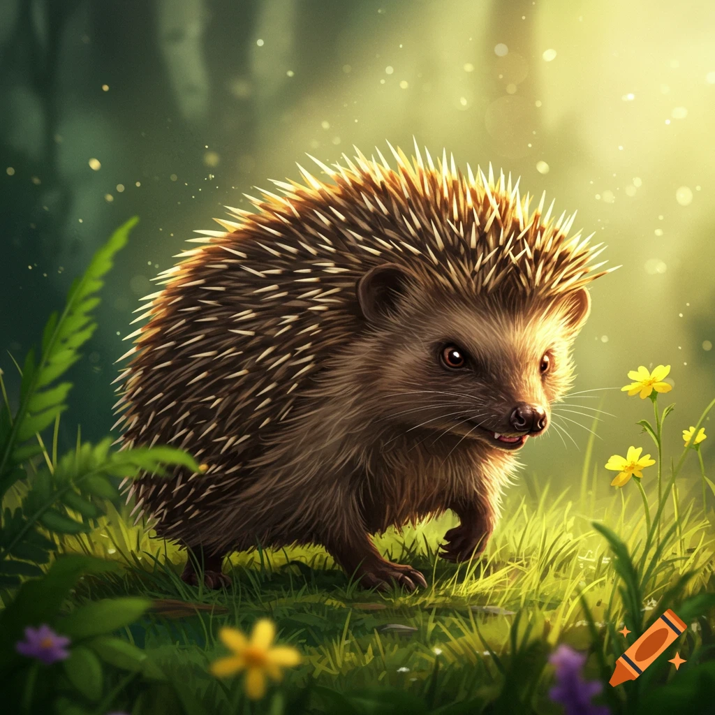 A photorealistic hedgehog walks on a sunlit grassy forest floor with yellow flowers and bokeh background.
