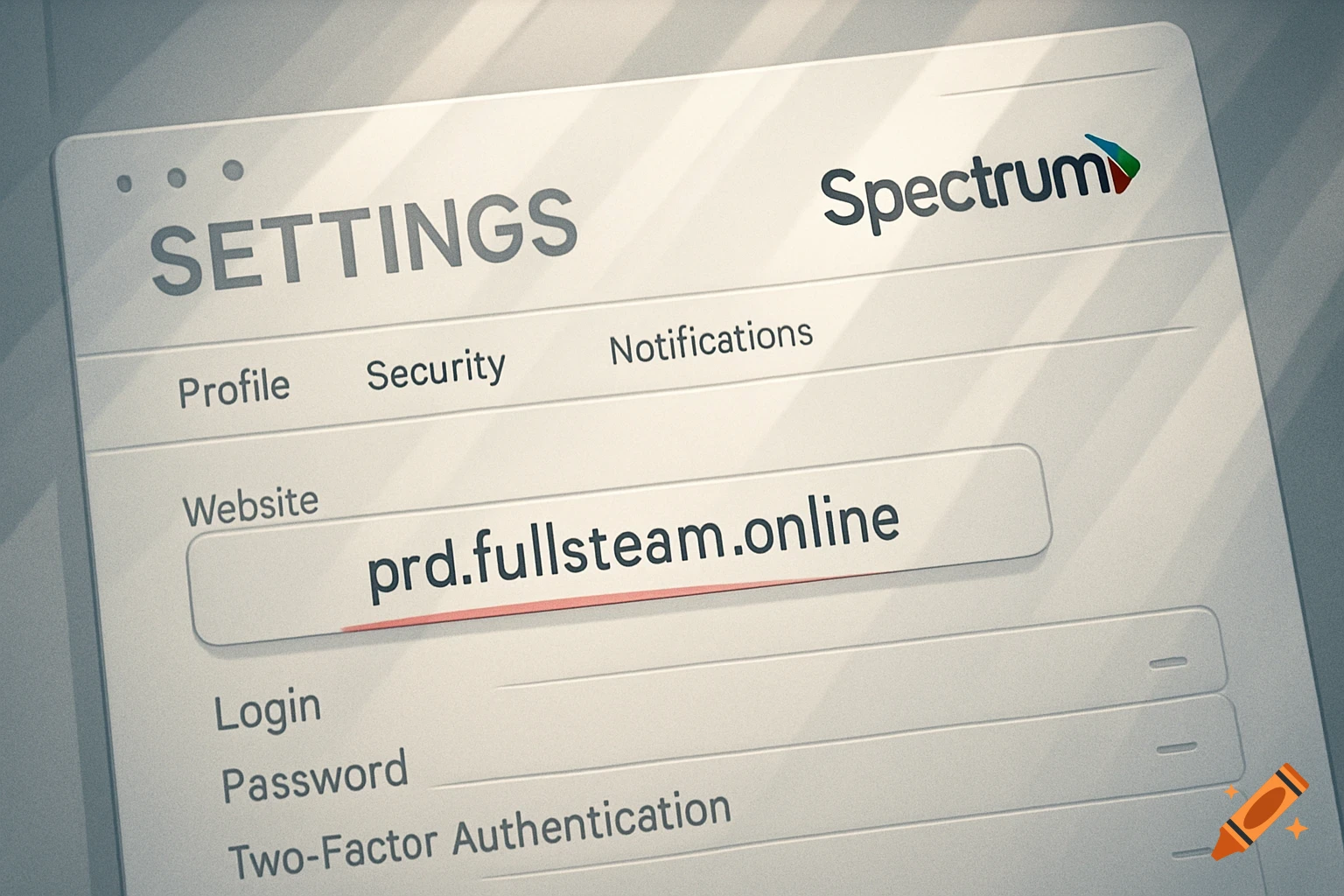 A white website settings page displaying the URL 'prd.fullsteam.online' underlined in red, with a Spectrum logo.