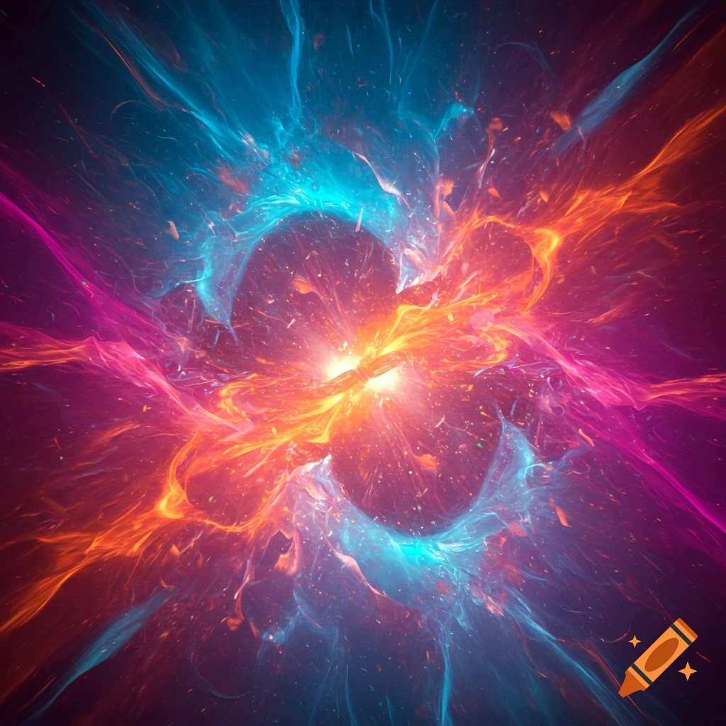 Abstract explosion of vibrant orange, blue, and pink energy and light, with sparkling particles against a dark background.
